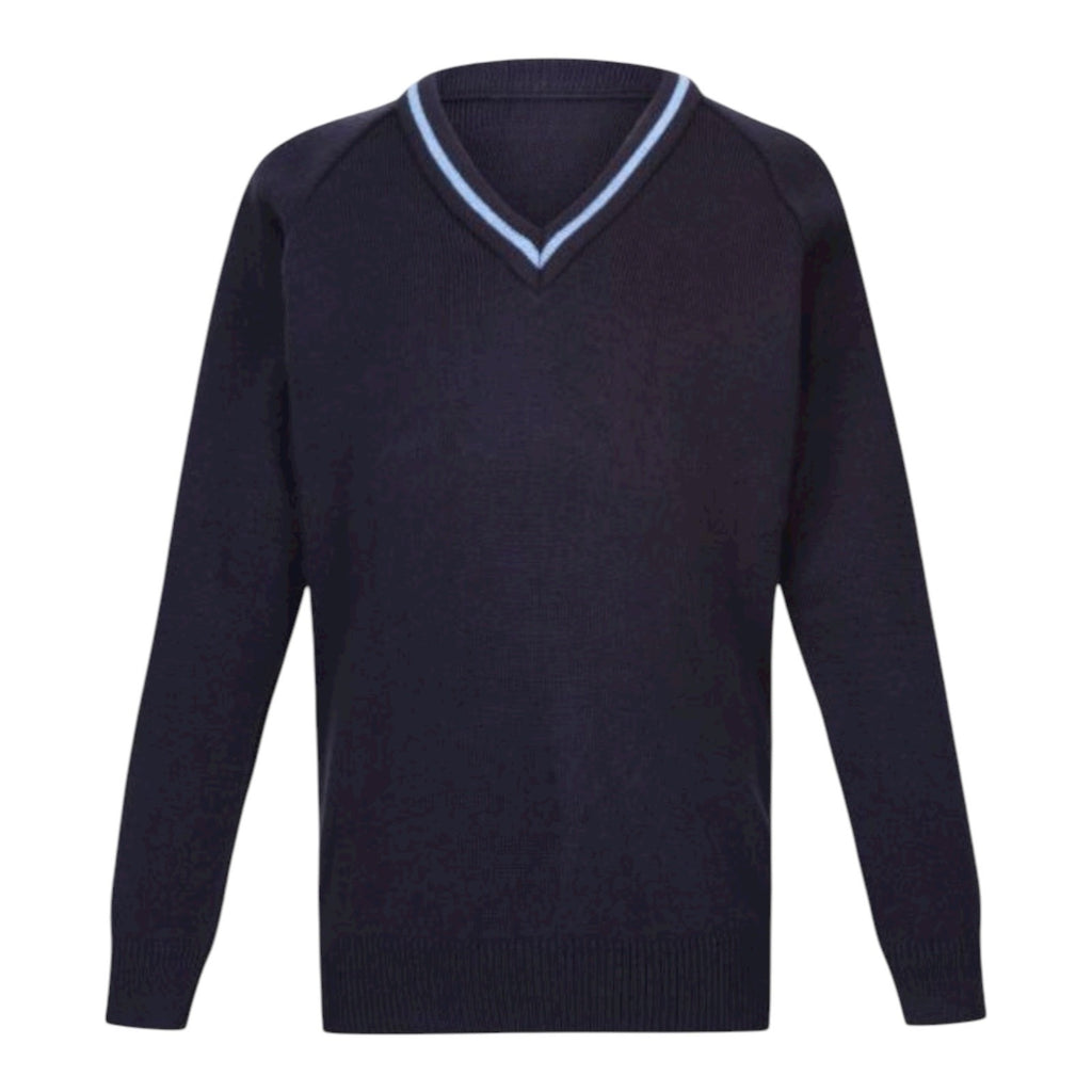 Navy Vneck Pullover with Sky Trim