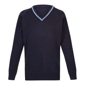 Navy Vneck Pullover with Sky Trim