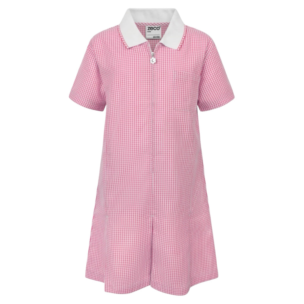 Pink Zip Fronted Corded Gingham Summer Dress