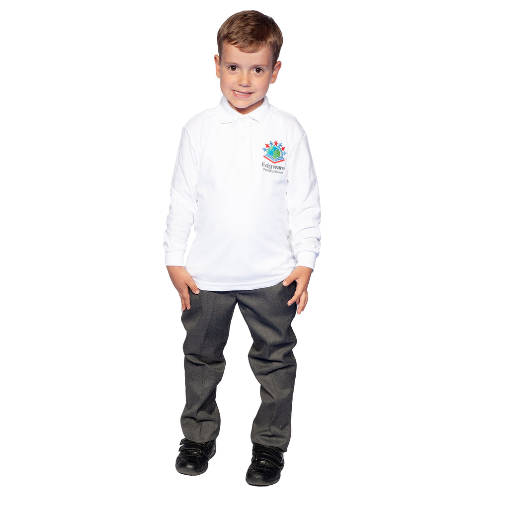 Edgware Primary White Long Sleeve Polo Shirt